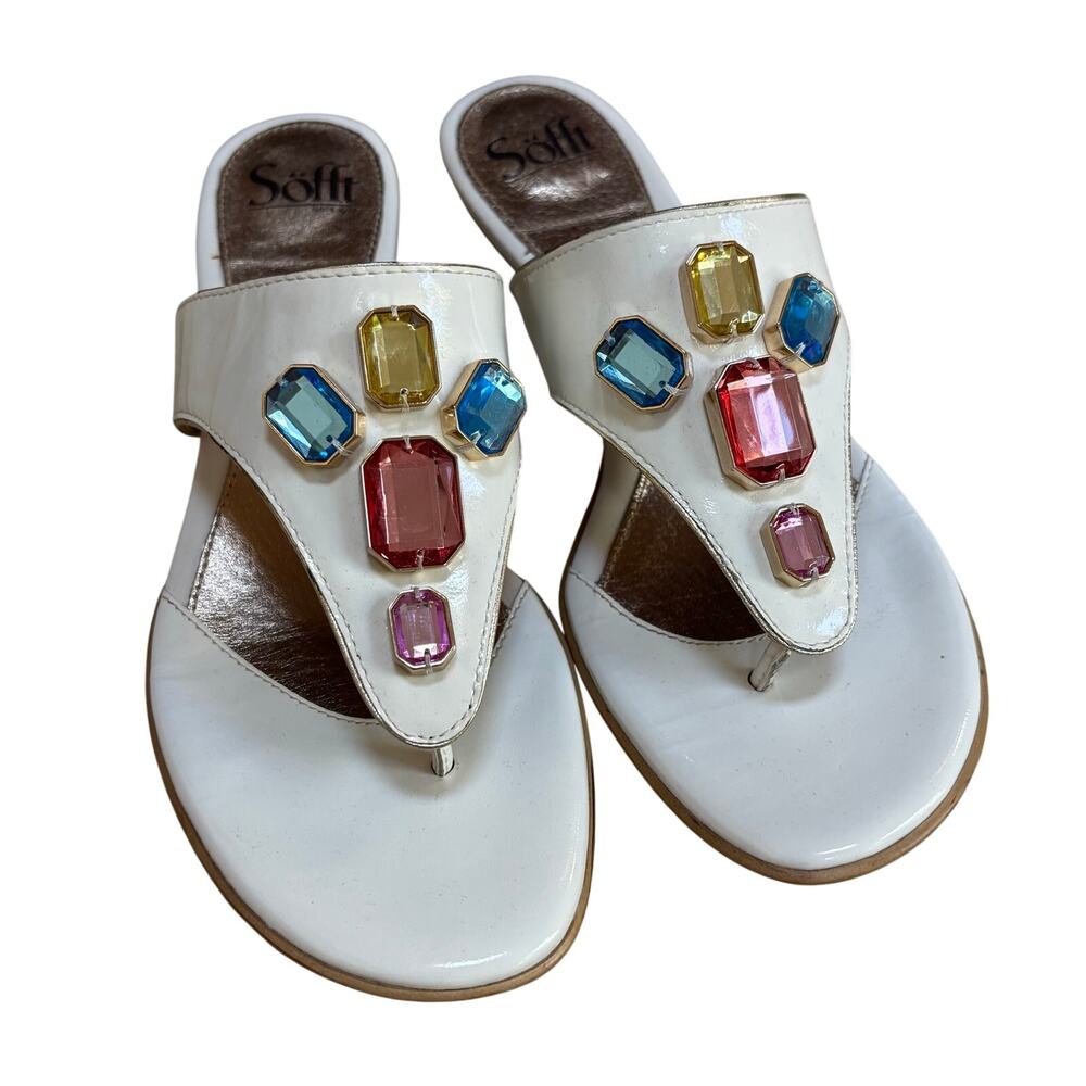Vintage Sofft thong sandals white patent leather bead embellished ladies US 9M